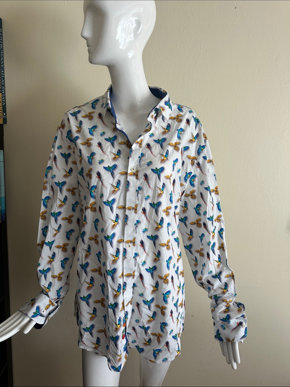 White Casual Button-Down Shirt with Blue & Gold Bird Print
